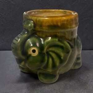 Vintage Green Elephant Planter Trunk Up Pottery Glazed Vase Good Luck 5x4